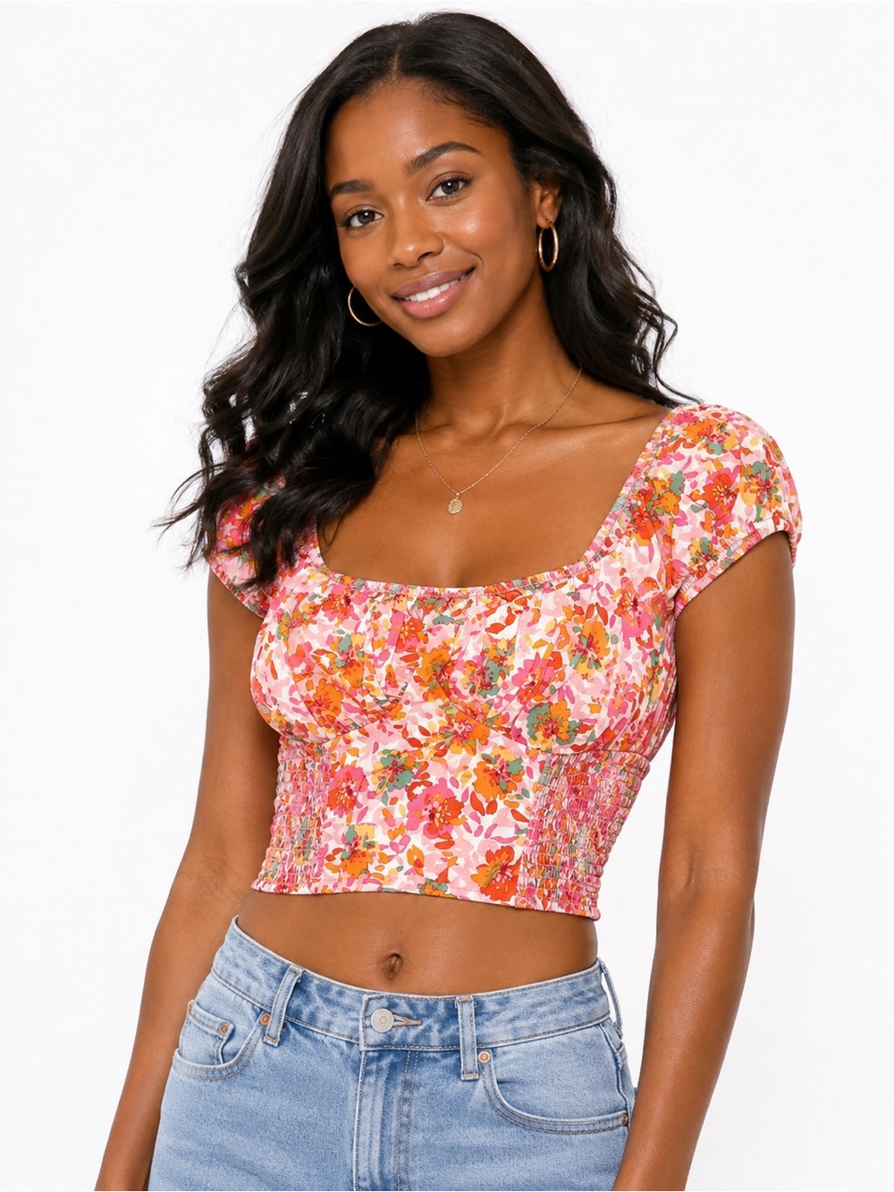 (A4c) Heatherly Floral cap sleeve crop top, Size Small,‎ NWT